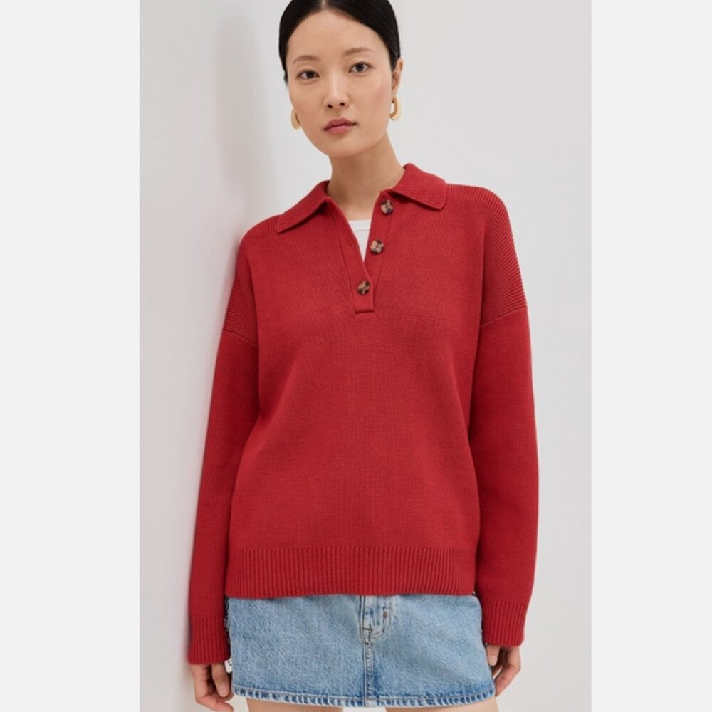 Reformation Red Brooklyn Polo Sweater Organic Cotton Sweater Anthropologie NWT - Picture 6 of 9